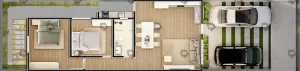 O projeto bianca possui 2 quartos, banheiro, lavanderia , cozinha integrada com sala de estar e jantar. Projeto de casa pequena, casa baixo custo, planta de casa 2 quartos, casa pequena com 2 quartos, lavanderia, sala de estar e cozinha integradas