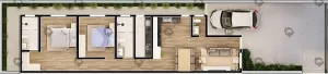 O projeto Camila possui 1 quarto e 1 suíte, banheiro, lavanderia , cozinha integrada com sala de estar e jantar. planta humanizada, projeto de casa simples 