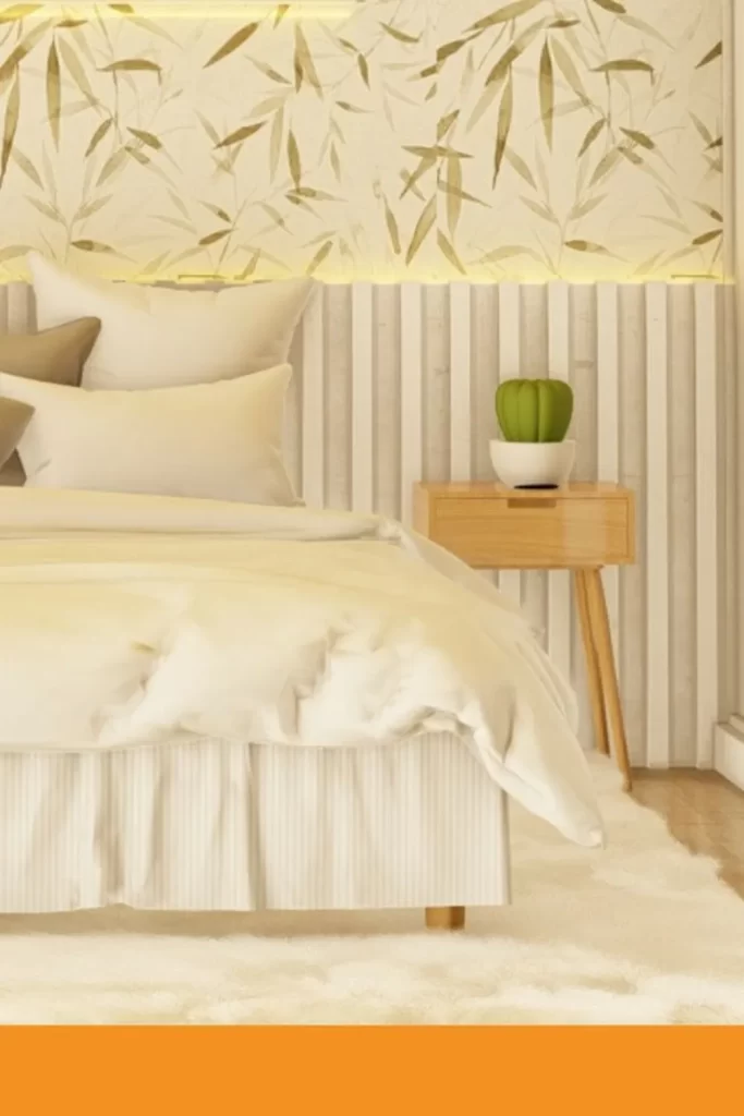 Dicas para quarto de casal, decoração, decoração quarto, cama, lençol branco, cama arrumada, papel de parede, quarto neutro, quarto branco, tons pastel, cabeceira de cama branca, cabeceira de cama, iluminação led, tapete branco, dicas, decoração barata, armario branco, papel de parede verde, papel de parede floral, papel de paredes flores, natureza, folhas, calmo, quarto tranquilo, dicas para decoração, ideais para decoração, escrivaninha, home office, no quarto, armario branco, ripado branco 